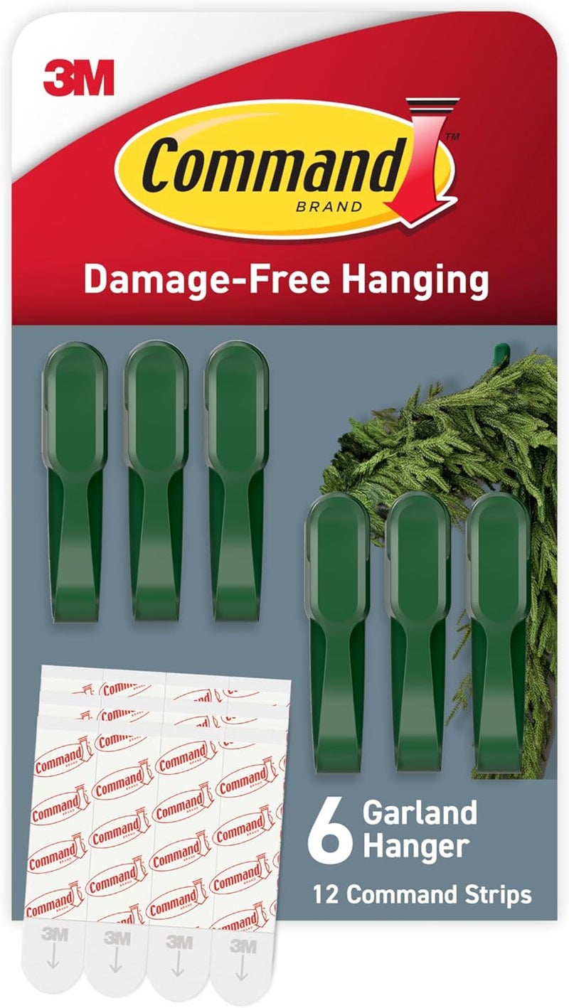 Command Garland Holder, Fireplace Mantle Garland Holder for Displaying Garlands, Wreaths, and Holiday Decor Without Leaving Damage, Holes, or Residue, Holds 2lbs, Green, 6 Pack - Image 1